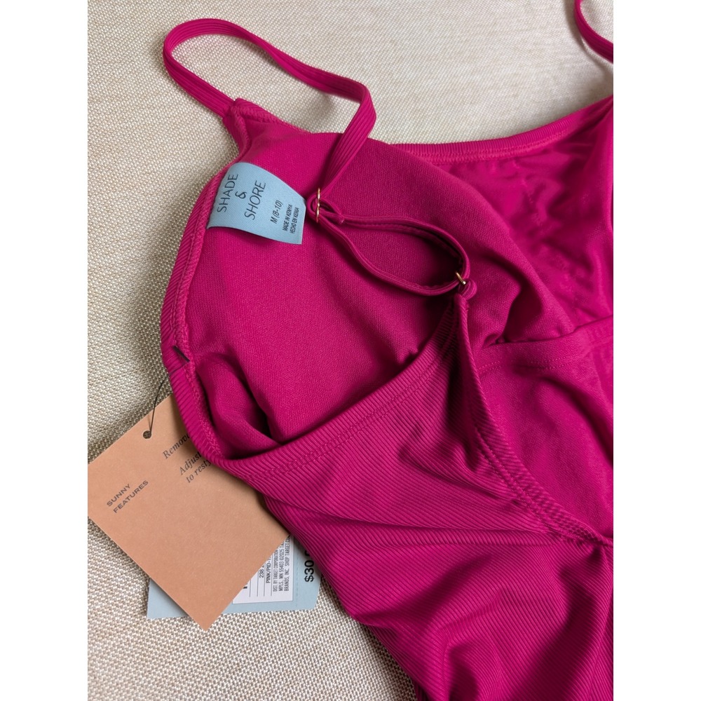 Shade & Shore One Pc Swimsuit Womens M 8/10 Pink NWT Ribbed Cinched Side Ruched - Picture 4 of 4